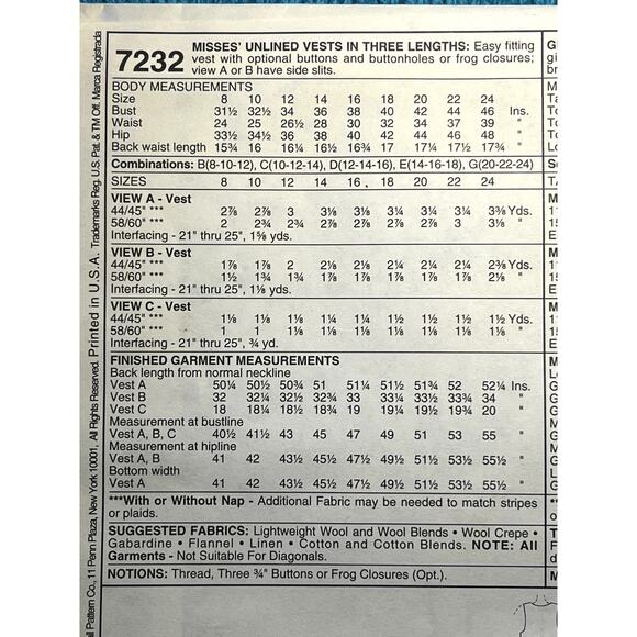 McCalls 7232 dress vest 1990s pattern size 8 10 12 - Picture 4 of 6